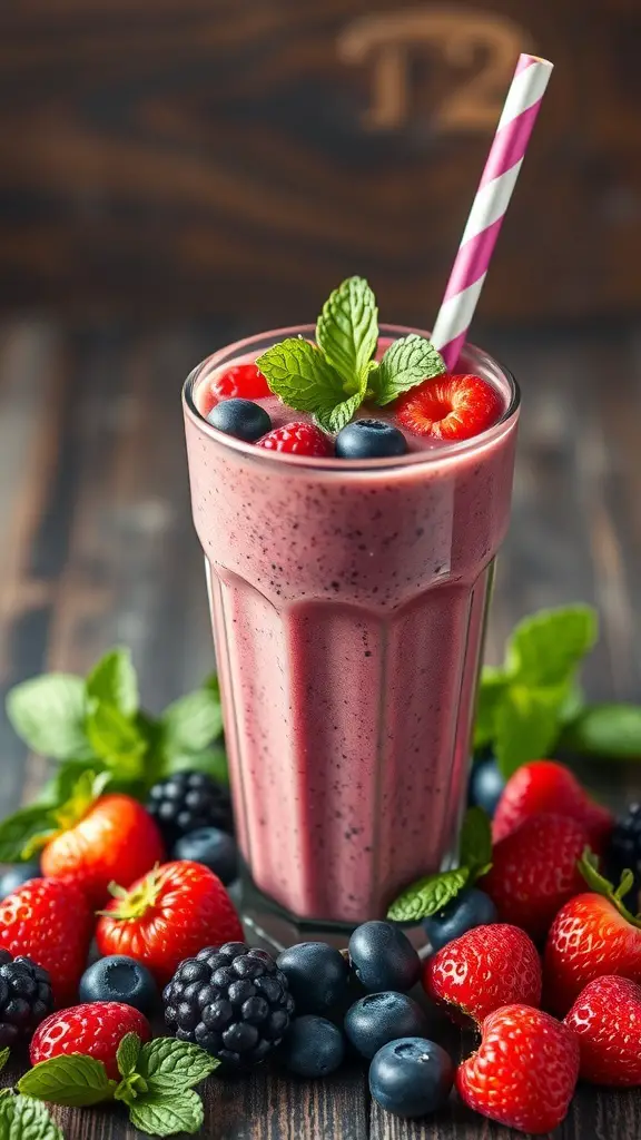 A vibrant berry smoothie in a glass, topped with fresh berries and mint leaves, surrounded by various berries on a wooden table.