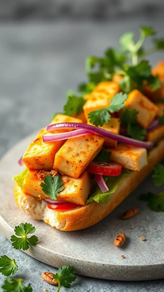A delicious spicy tofu banh mi sandwich with marinated tofu, fresh vegetables, and cilantro on a baguette.