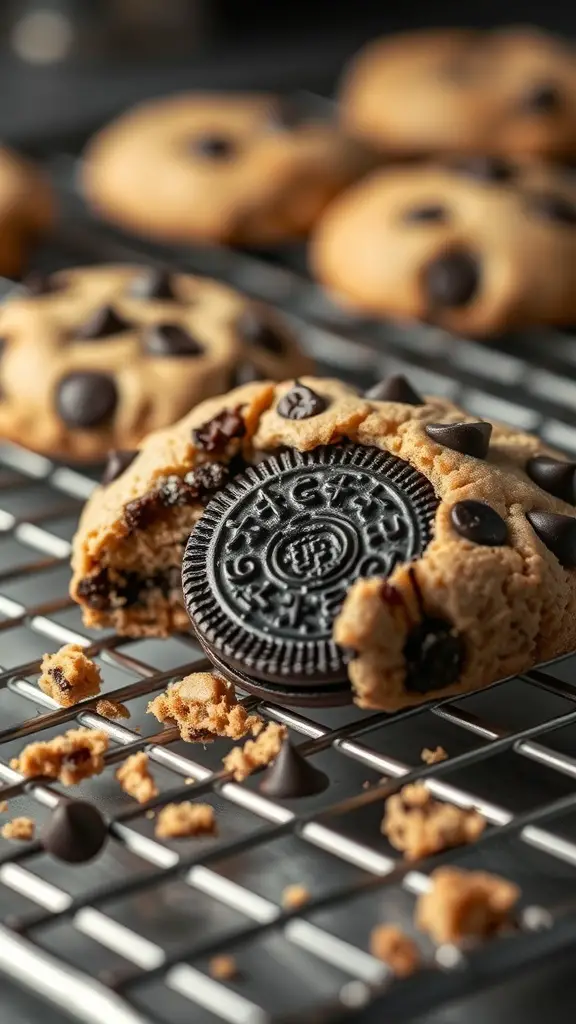 A close-up of Oreo stuffed chocolate chip cookies on a cooling rack, showcasing a broken cookie revealing an Oreo inside.