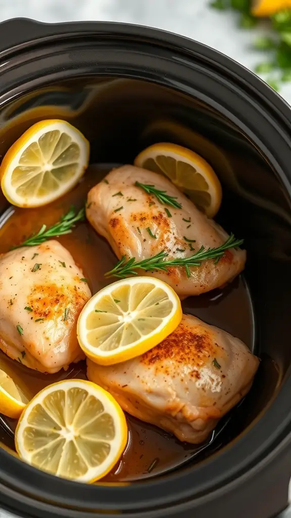 Slow cooker with chicken thighs, lemon slices, and herbs.