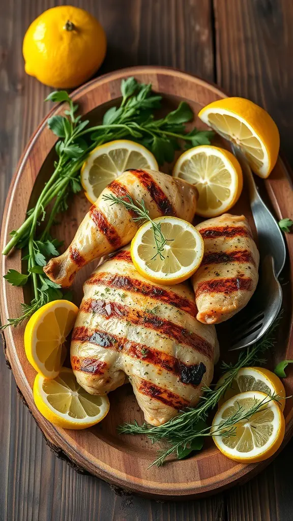 Grilled lemon herb chicken garnished with lemon slices and fresh herbs on a wooden platter.