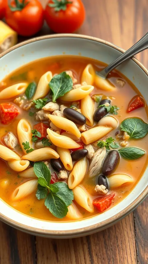 A bowl of minestrone chicken soup with pasta, vegetables, and herbs, surrounded by fresh tomatoes.