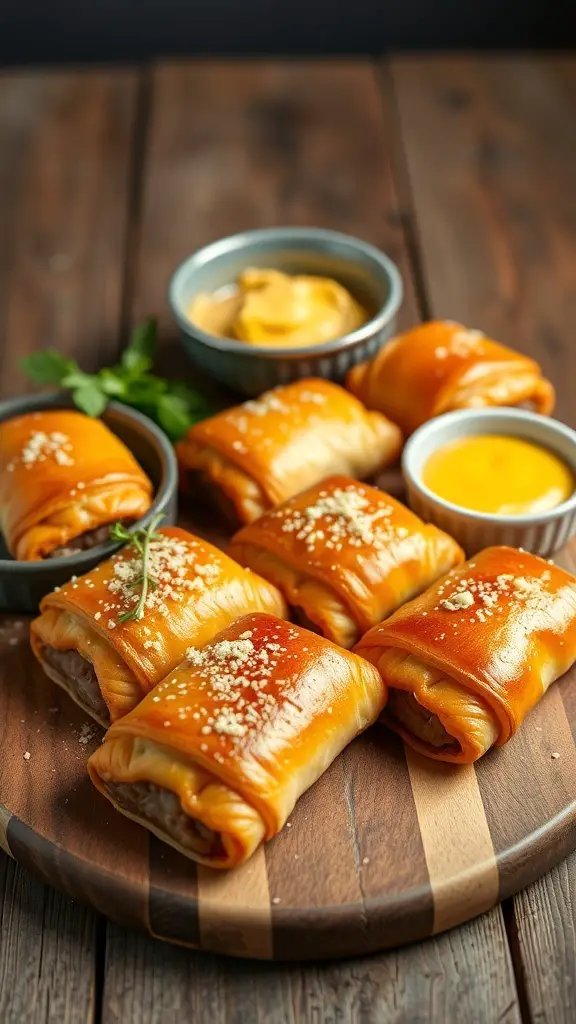 A platter of freshly baked savory sausage rolls with dipping sauces.