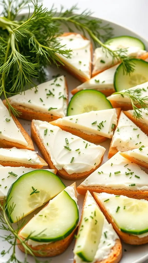 Chilled cucumber and cream cheese sandwiches arranged on a platter with herbs