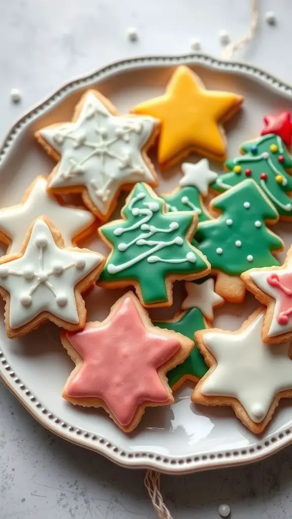 A plate of decorated Christmas sugar cookies in various shapes and colors.