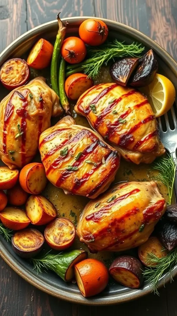 A plate of grilled chicken thighs with vegetables, showcasing a colorful and appetizing meal.