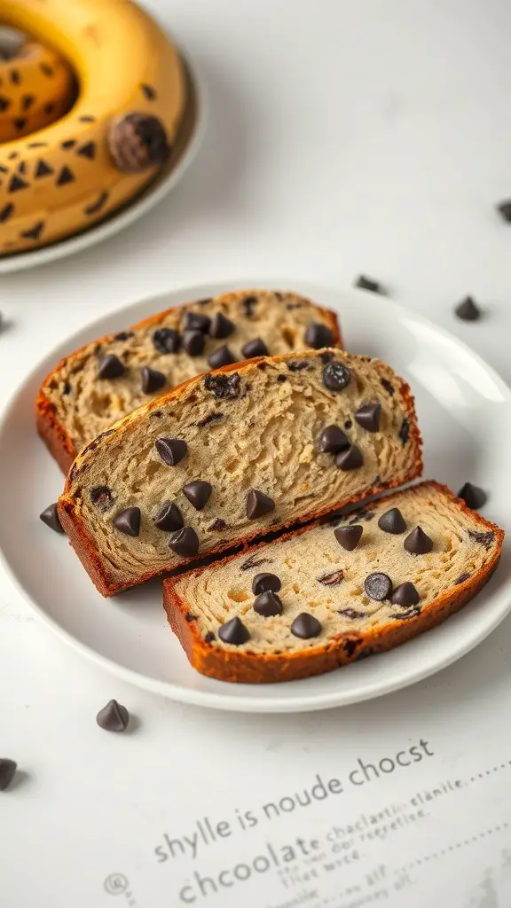 Slices of chocolate chip banana bread on a plate with chocolate chips scattered around