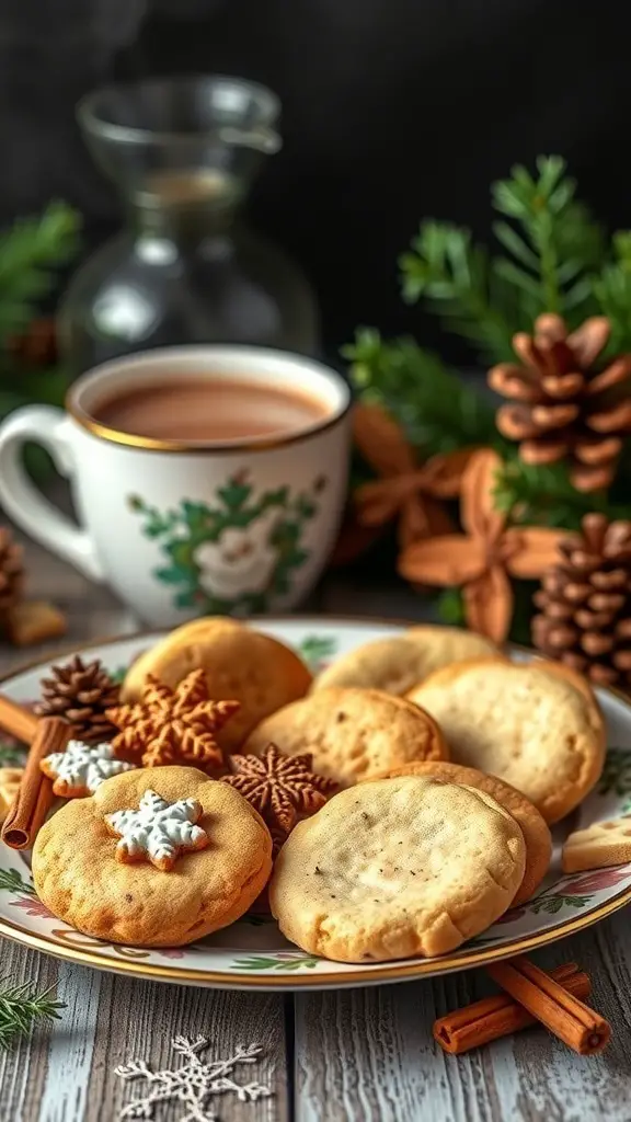 A plate of winter spice cookies surrounded by pinecones and cinnamon sticks, with a cup of tea in the background.