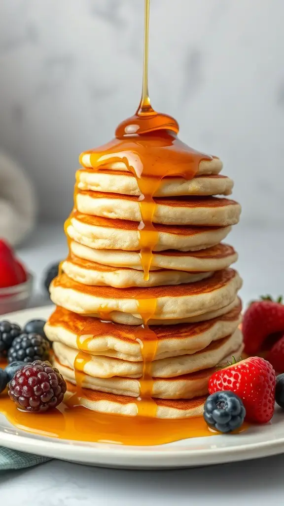 A stack of fluffy pancakes drizzled with syrup and surrounded by fresh berries.