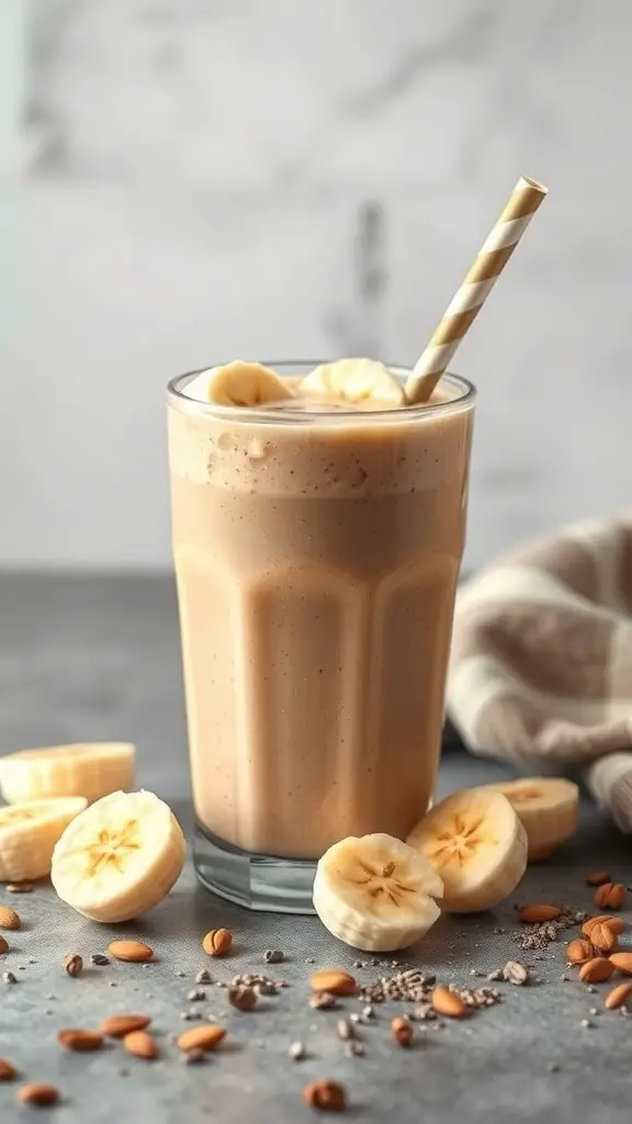 A glass of peanut butter protein smoothie topped with banana slices and a striped straw, surrounded by banana slices and seeds.