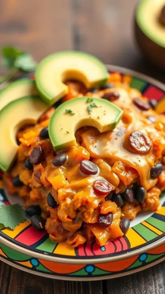 A vibrant Sweet Potato and Black Bean Enchilada Casserole served with avocado slices.
