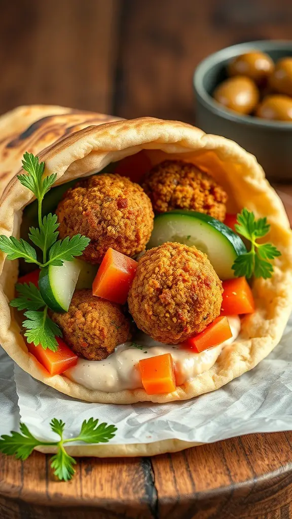 A Mediterranean falafel pita filled with falafel balls, fresh vegetables, and herbs.