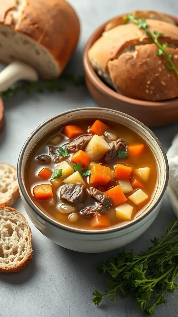 A bowl of beef and barley soup with vegetables, served with bread rolls.