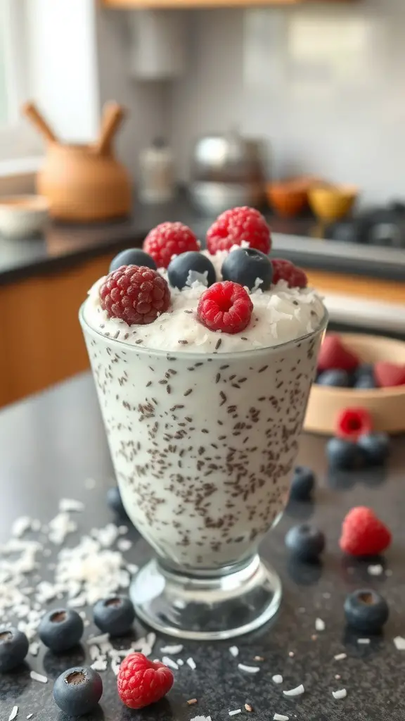 A glass of chia seed pudding topped with raspberries and blueberries, with coconut flakes sprinkled on top.