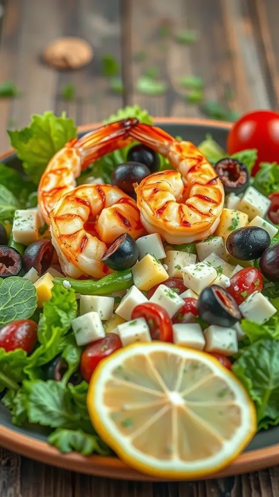 A colorful Greek salad featuring grilled shrimp, lettuce, cherry tomatoes, olives, and feta cheese, garnished with lemon slices.