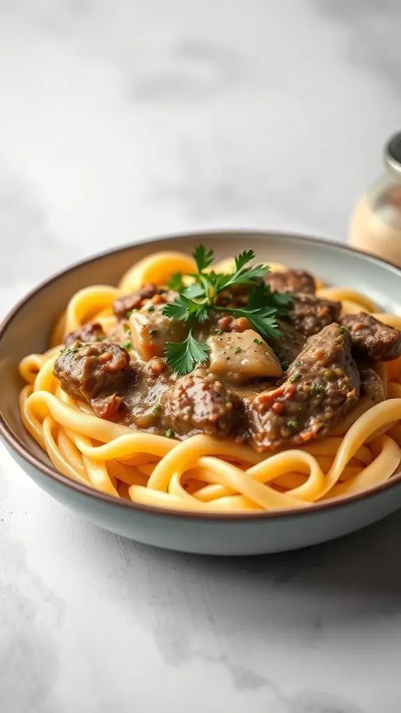 A bowl of beef stroganoff served over egg noodles, garnished with parsley.