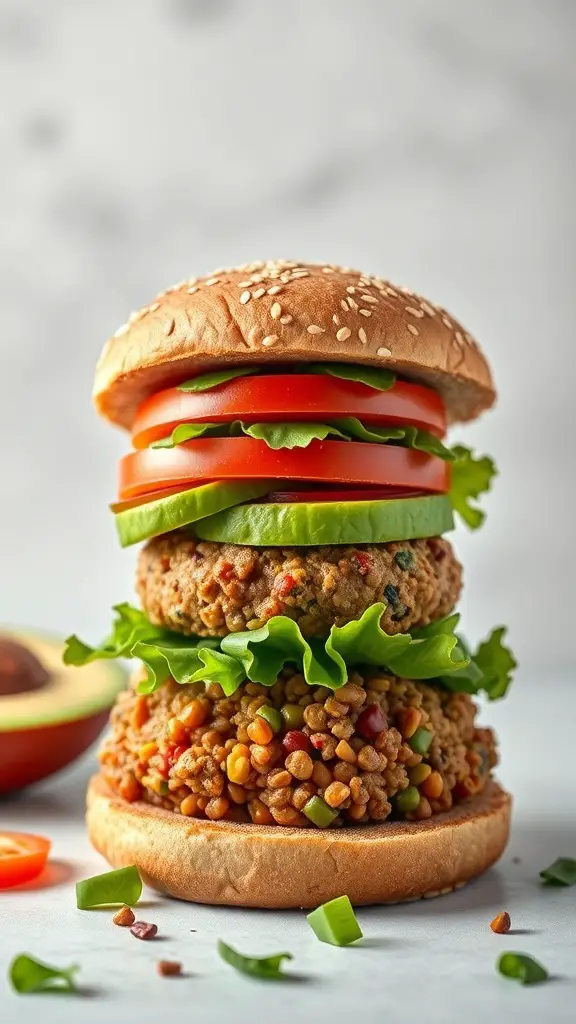 A stacked vegan lentil burger with lettuce, tomatoes, and sesame seed buns.