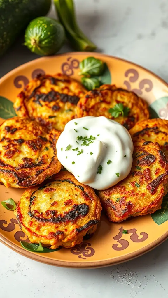 A plate of zucchini fritters served with a dollop of yogurt sauce, garnished with herbs.