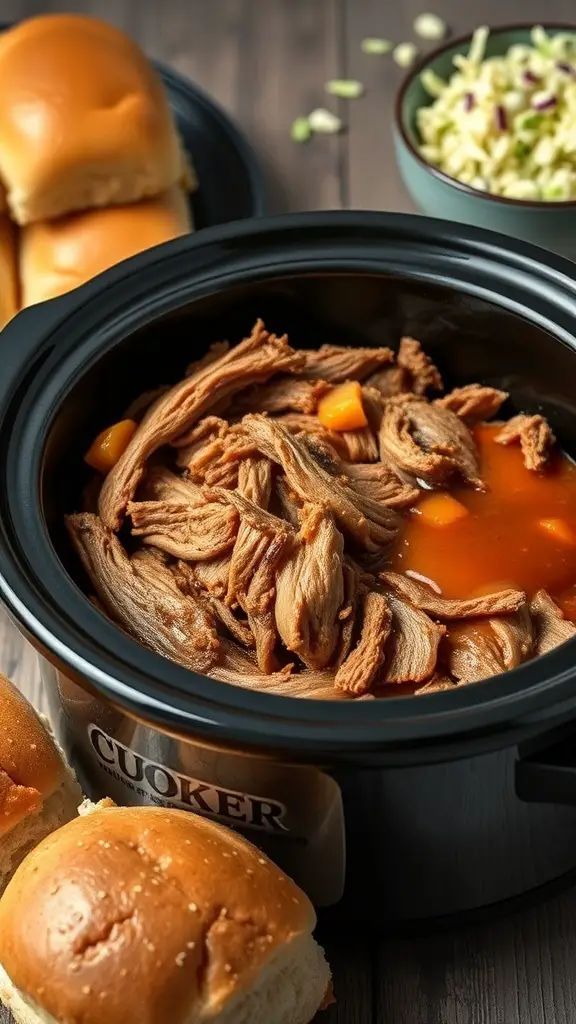 A crock pot filled with shredded peach BBQ pulled pork, with slider buns and a bowl of coleslaw in the background.