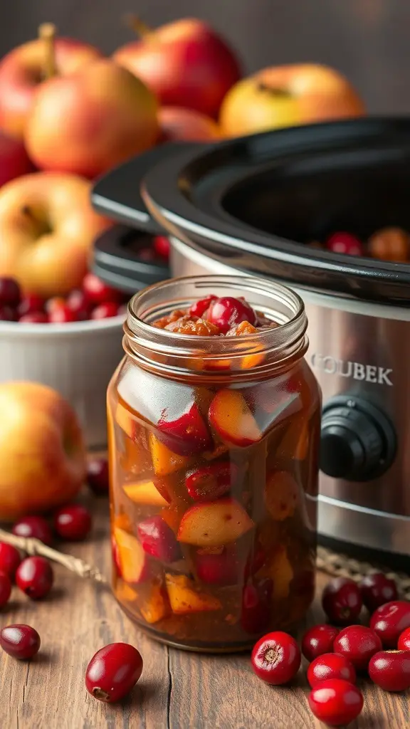A jar of spiced apple and cranberry chutney with fresh apples and cranberries in the background.