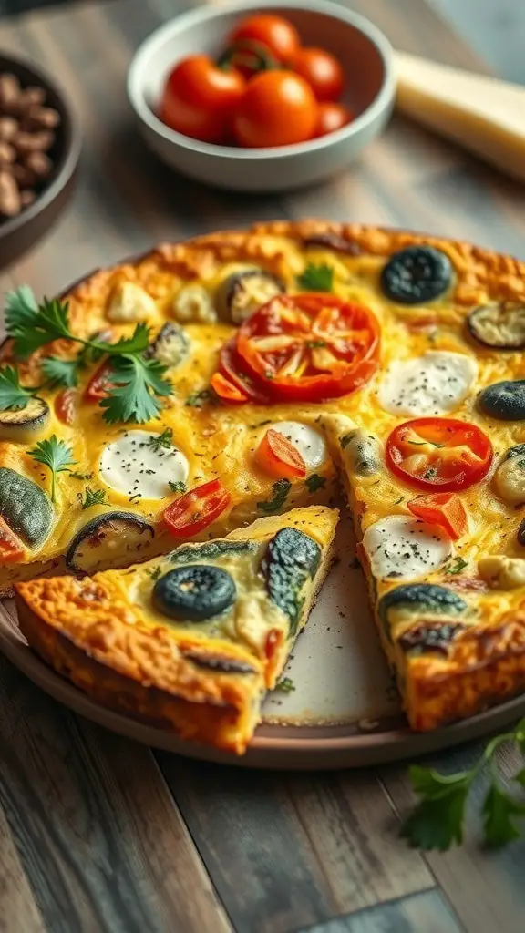 A delicious frittata with colorful vegetables and herbs, served on a plate.