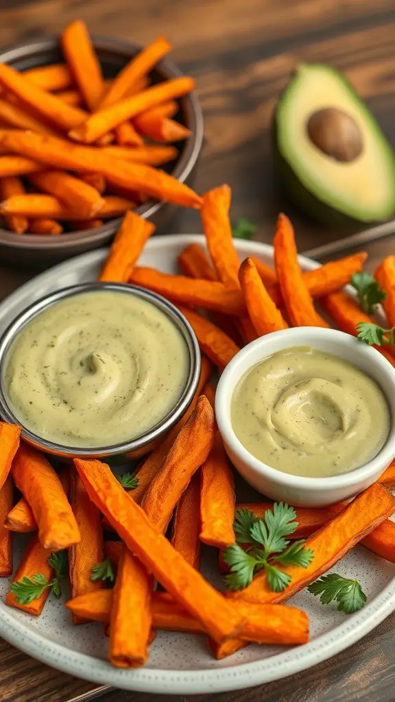 Plate of sweet potato fries with avocado dip