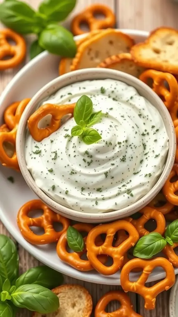 A bowl of creamy pesto dip surrounded by pretzels and fresh basil leaves.