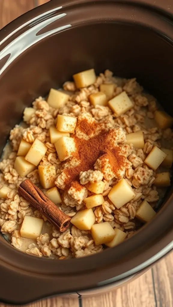 A slow cooker filled with apple cinnamon oatmeal, featuring diced apples, oats, and a cinnamon stick.