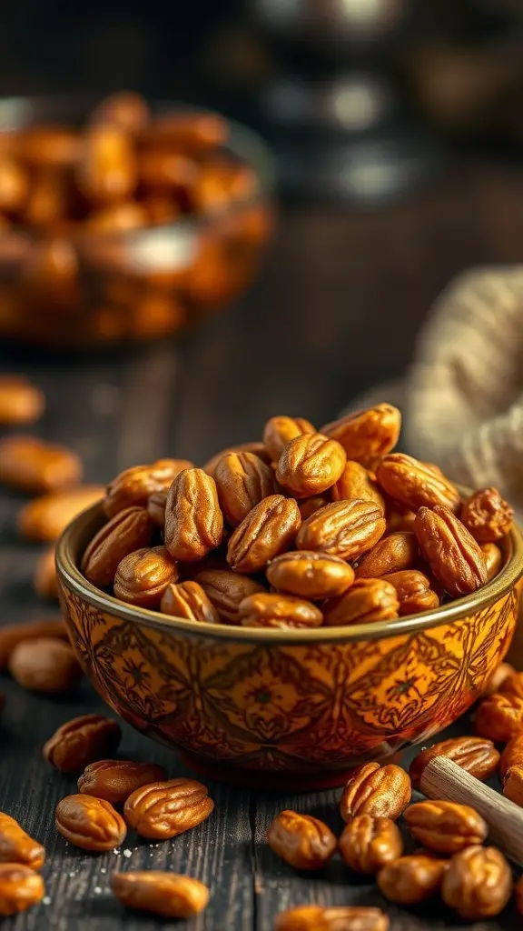 A bowl of sweet and spicy roasted nuts on a wooden table