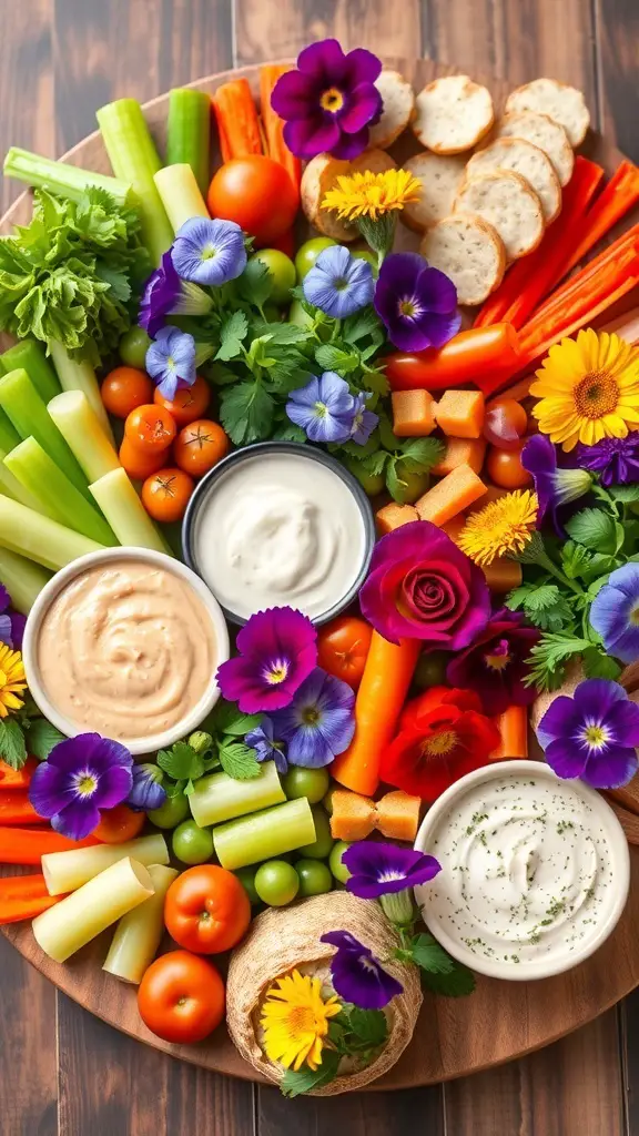 A colorful charcuterie board featuring fresh vegetables, dips, and edible flowers.