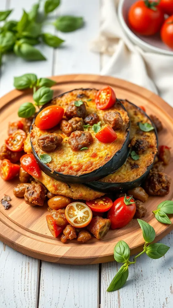 A delicious eggplant and tomato bake served on a wooden plate, garnished with fresh basil.