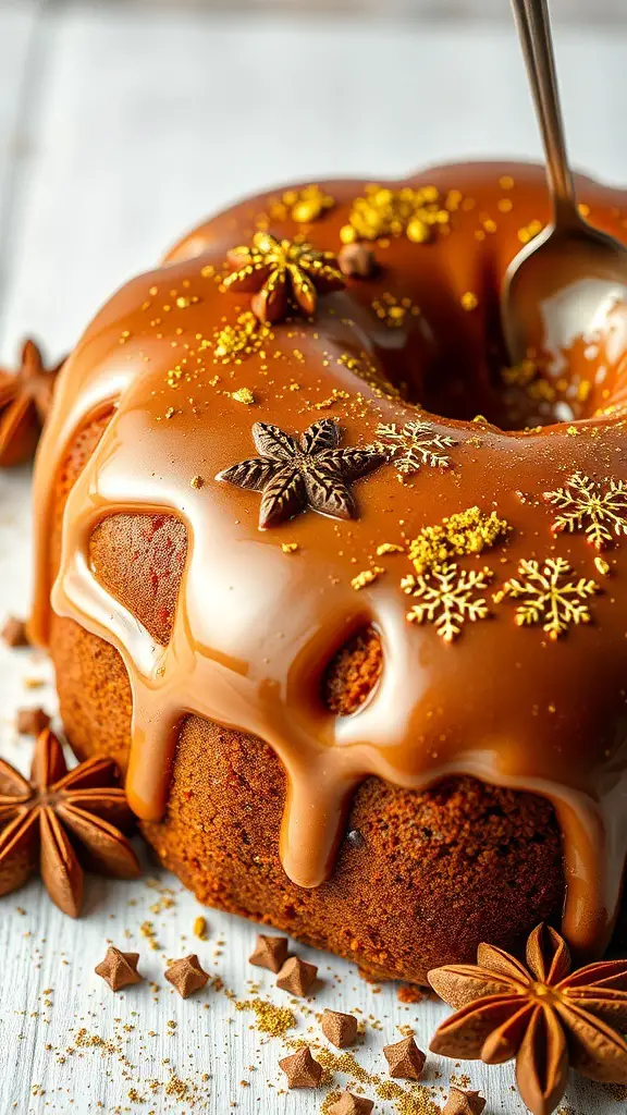A beautifully decorated gingerbread cake with a rum glaze, topped with star anise and snowflake sprinkles.