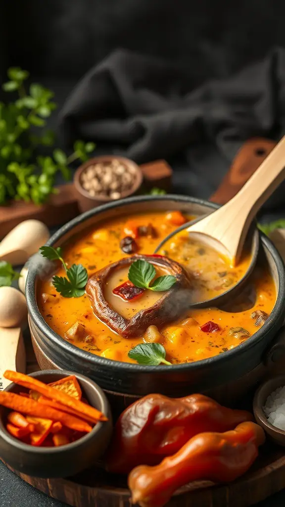 A bowl of Coconut Curry Fondue Broth with vegetables and herbs