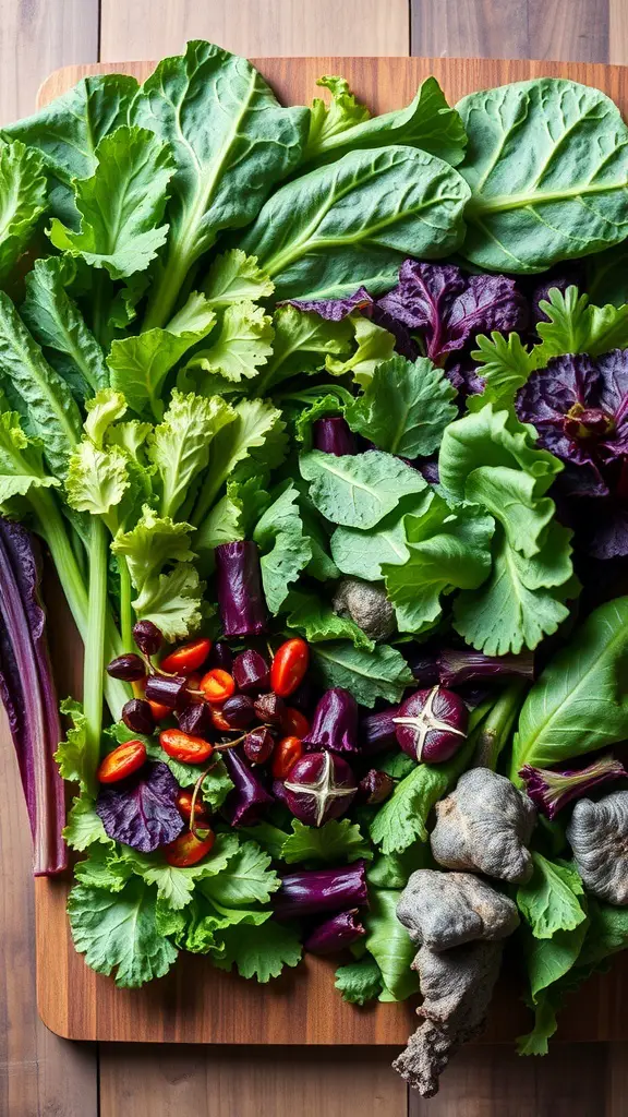 A variety of leafy greens including romaine, arugula, and purple kale arranged on a wooden board.