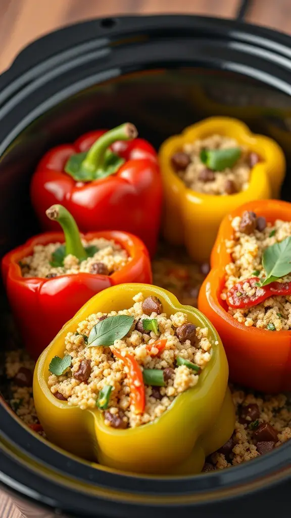 Colorful stuffed bell peppers filled with quinoa and beans in a slow cooker.