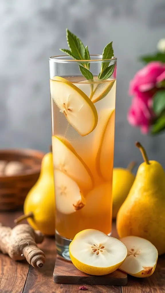 A refreshing glass of Pear and Ginger Sangria with sliced pears and ginger root.