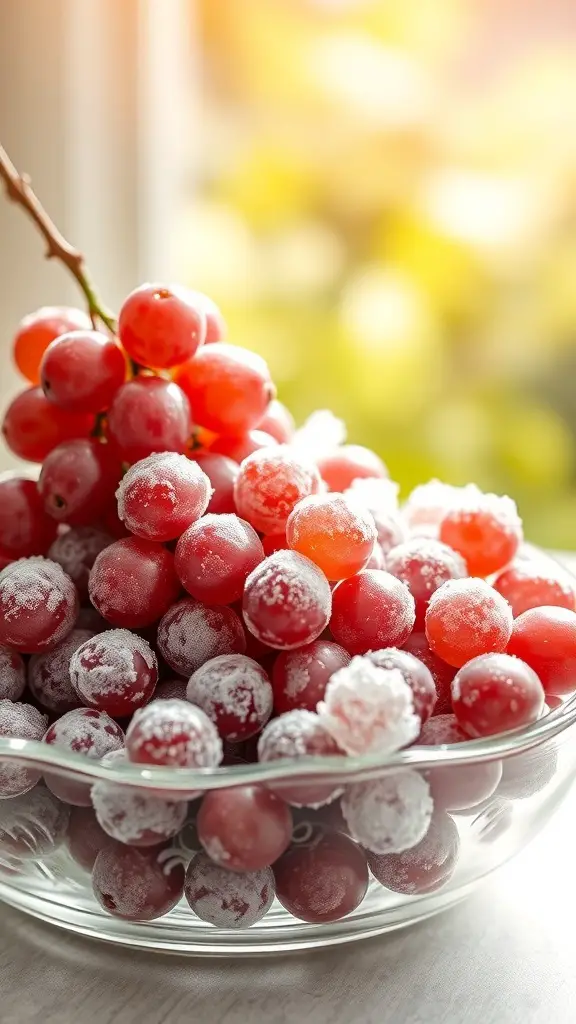 A bowl of frozen grapes, glistening with frost, ready to be enjoyed as a refreshing snack.