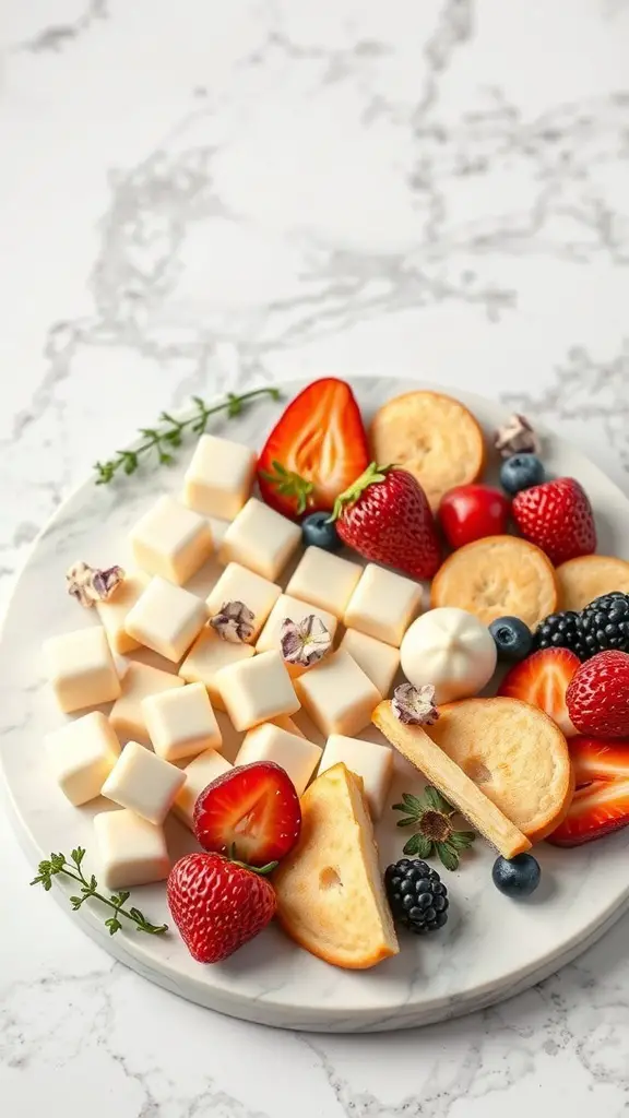 A charcuterie board featuring white chocolate cubes, fresh strawberries, blueberries, and dried fruits.