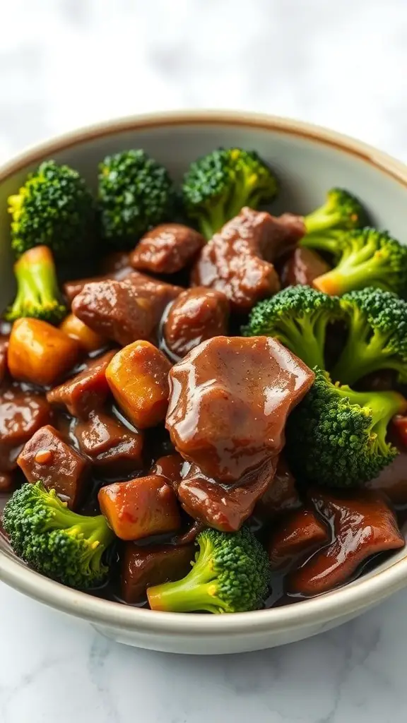A bowl of beef and broccoli stir-fry with a glossy sauce.