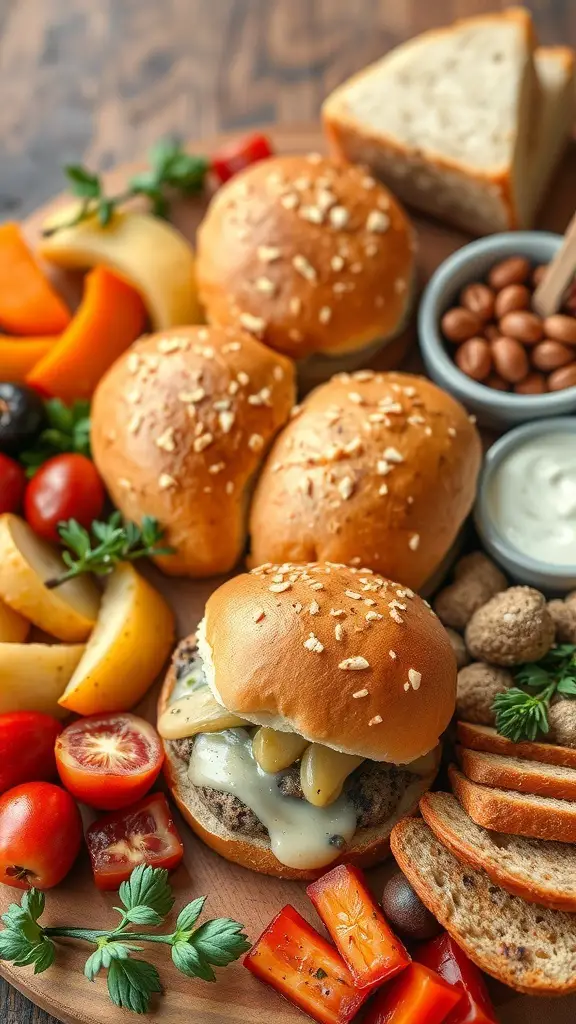 A beautifully arranged charcuterie board featuring sliders, fresh vegetables, and various sides.