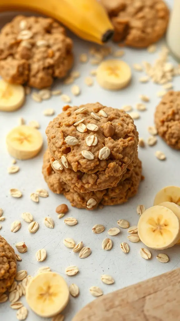 A stack of banana oatmeal breakfast cookies with banana slices and oats scattered around.