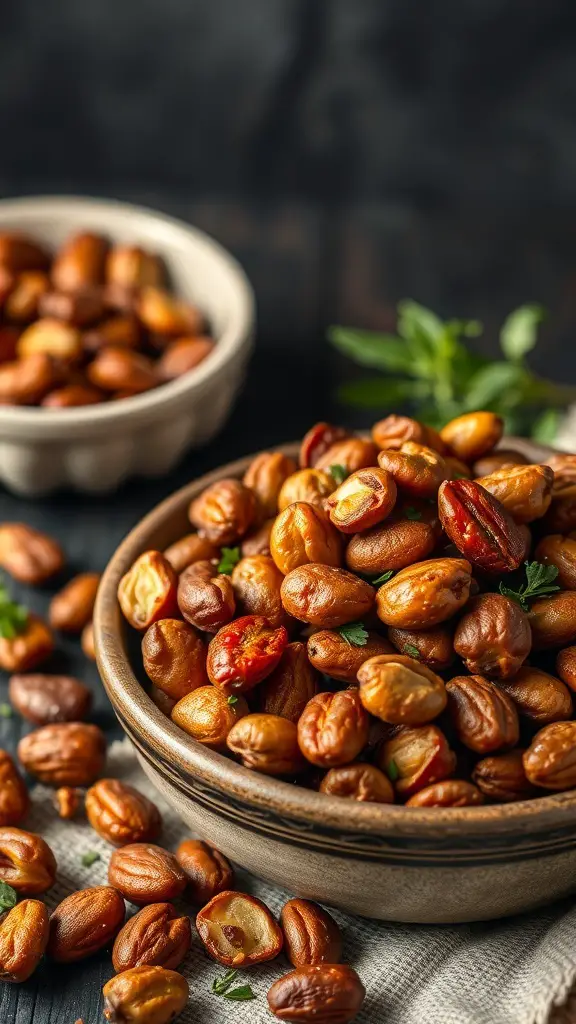 A bowl of sweet and spicy roasted nuts with a smaller bowl in the background.