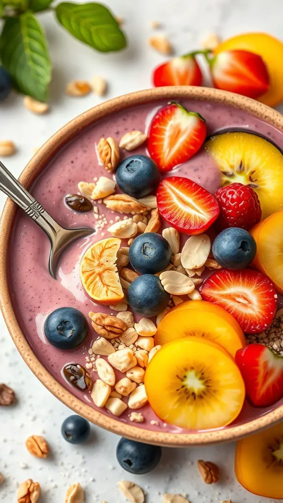 A colorful smoothie bowl topped with fresh fruits and granola.