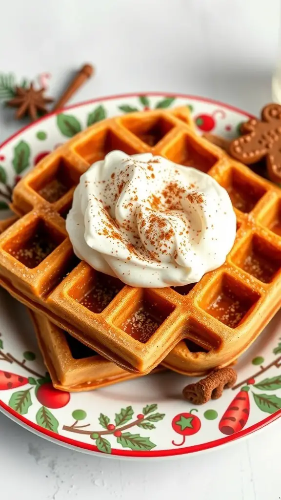 Gingerbread waffles topped with whipped cream on a festive plate