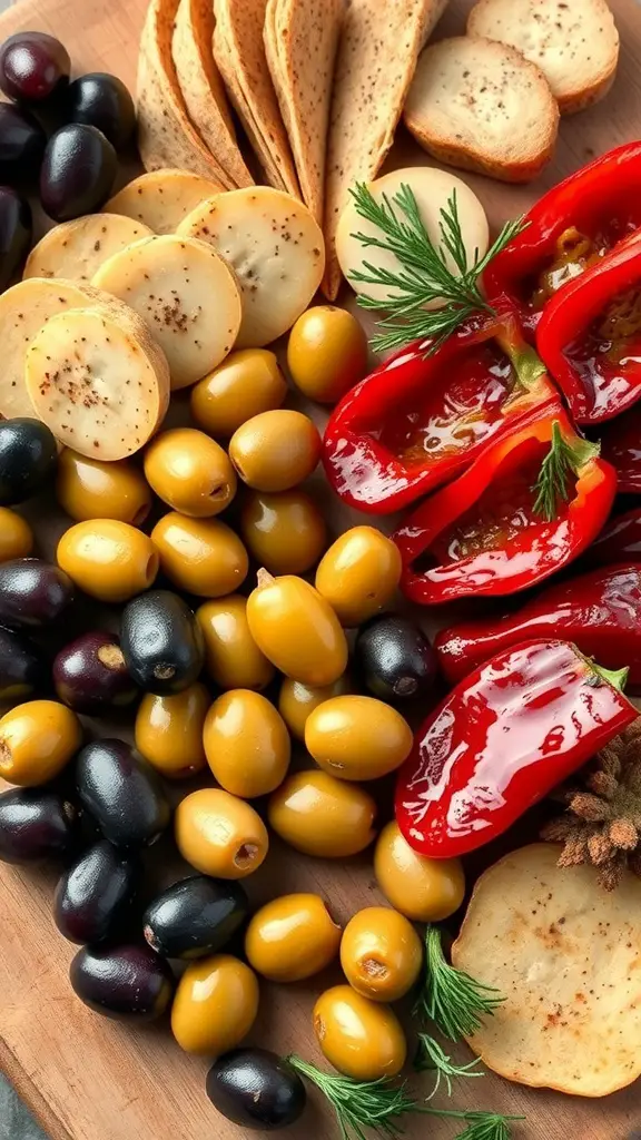 A colorful assortment of olives, crackers, and roasted peppers arranged on a wooden board.