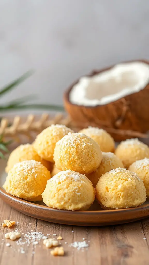 A plate of coconut macaroons topped with shredded coconut, with a coconut shell in the background.