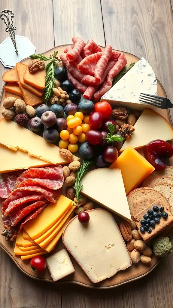 A beautifully arranged cheese and charcuterie board featuring various cheeses, cured meats, nuts, and fruits.