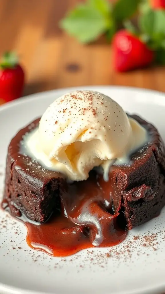 Chocolate lava cake with a scoop of vanilla ice cream on top, oozing chocolate sauce.