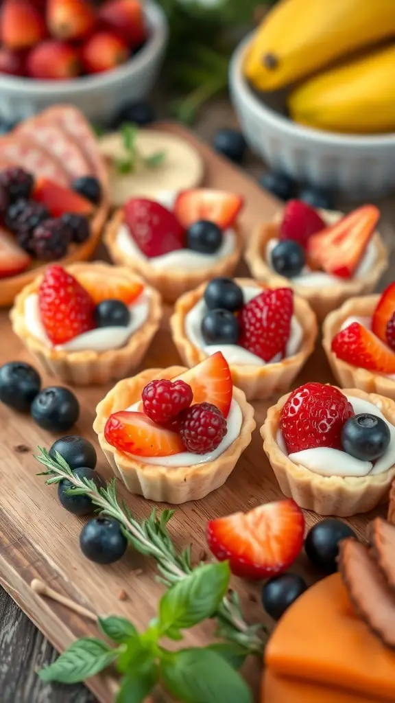 A close-up of fruit tartlets filled with cream and topped with fresh berries.