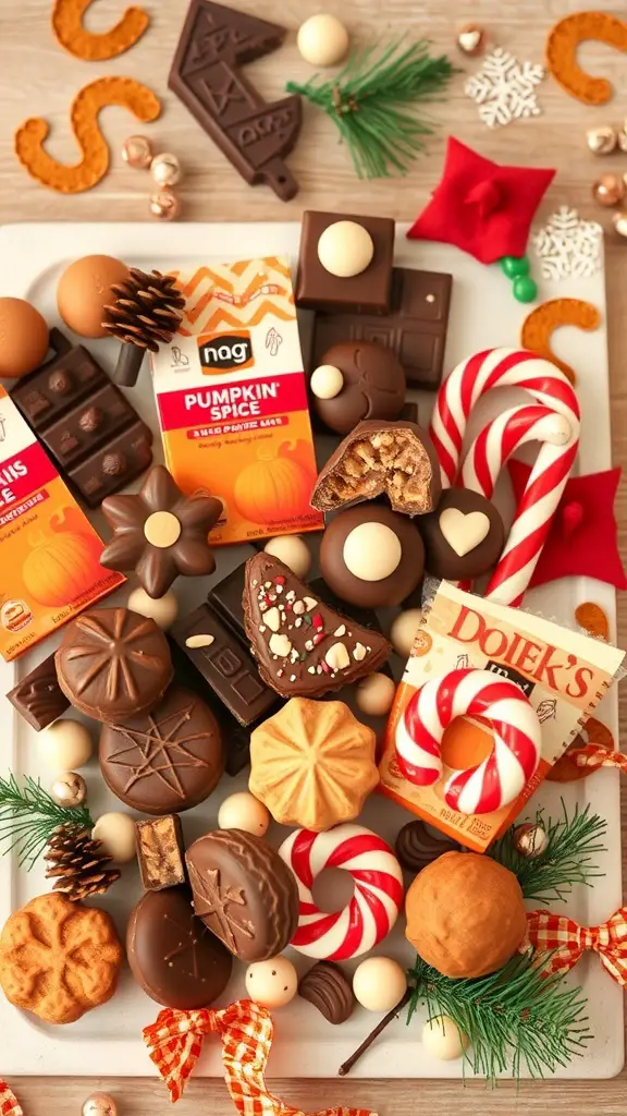 A colorful assortment of seasonal chocolate treats on a charcuterie board.